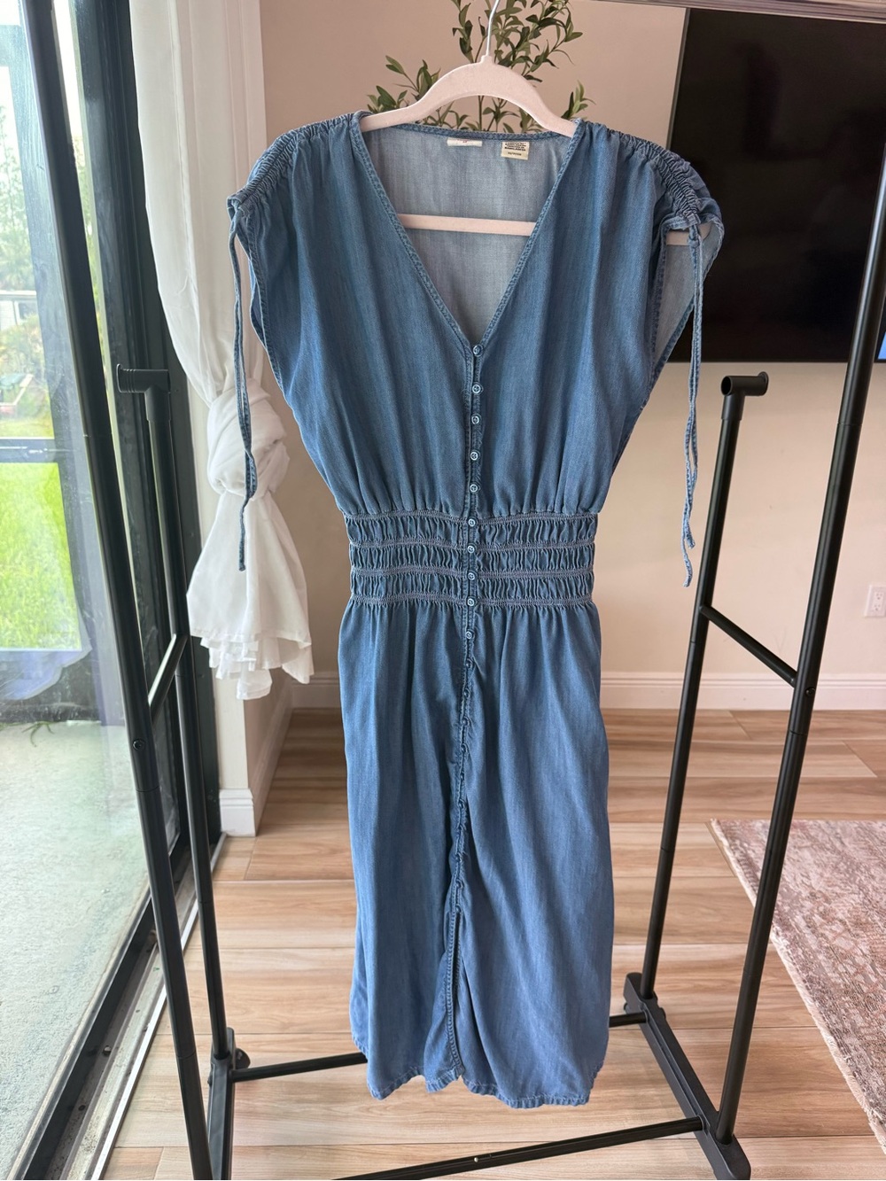 Levi's Light Blue Button-Front Midi Dress with Smocked Waist